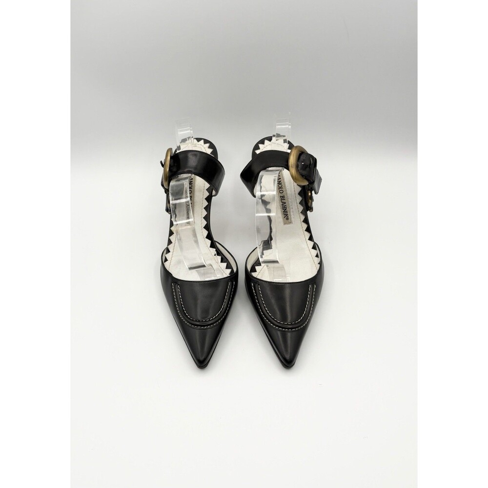 Manolo Blahnik Black Leather Pointed Toe Mules w/ Gold Buckle Size EU 37